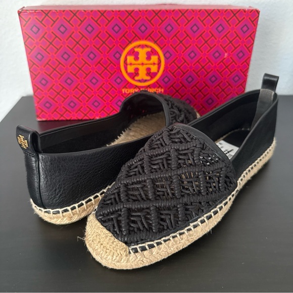 Tory Burch Shoes - NEW Tory Burch Everly Black Leather Crochet Espadrille Flat Slio On